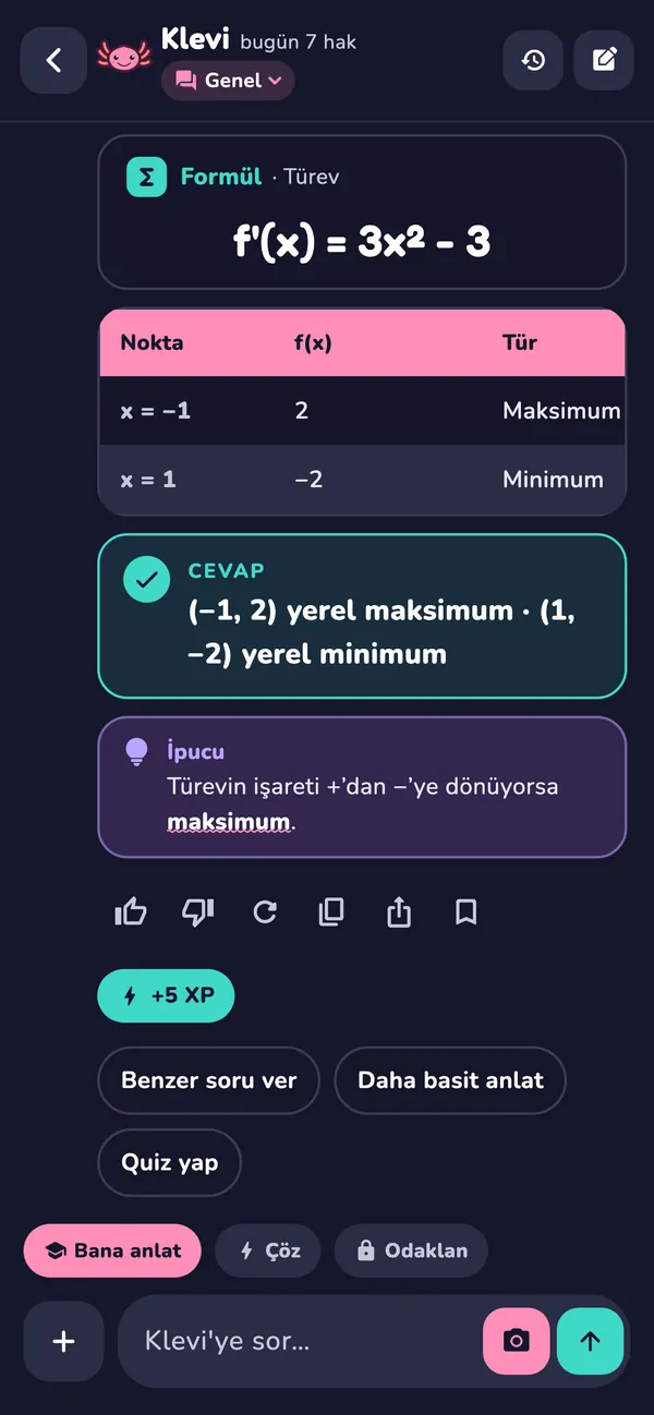 Klevi ile sohbet: türev sorusunun adım adım çözümü