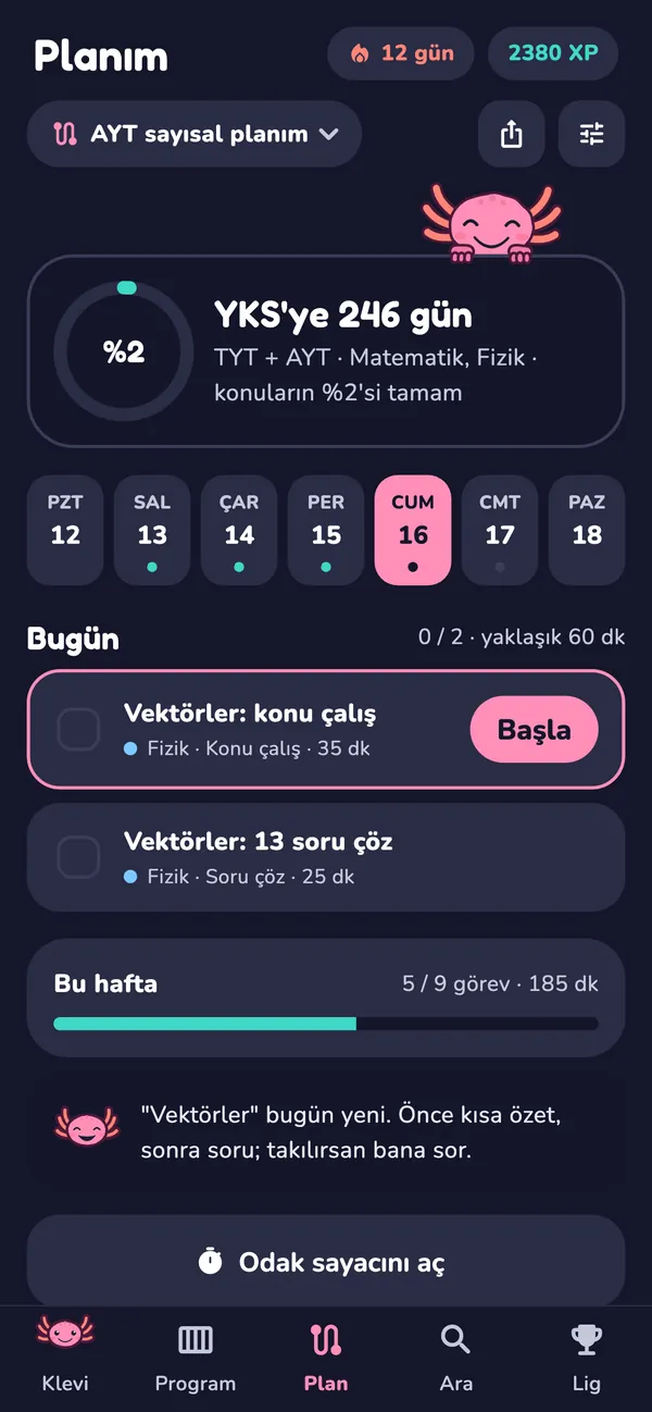 Çalışma planı: sınava kalan gün ve bugünün görevleri