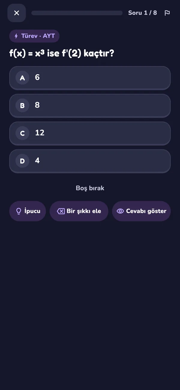 ÖSYM biçiminde bir türev quiz sorusu, beş seçenek